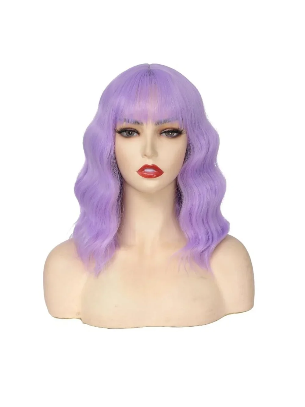 Women's Lavender Purple 14 Inch Heat Resistant Short Wavy Hair Pastel Wig Bangs